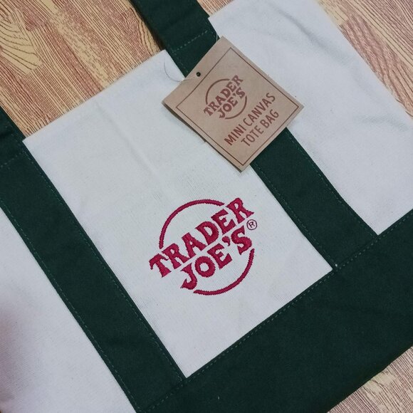 Trader Joe's Mini Canvas Tote Bag Cream Green Straps Red Embroidery - Picture 4 of 4